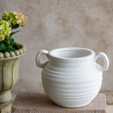White Ribbed Ceramic Handle Vase